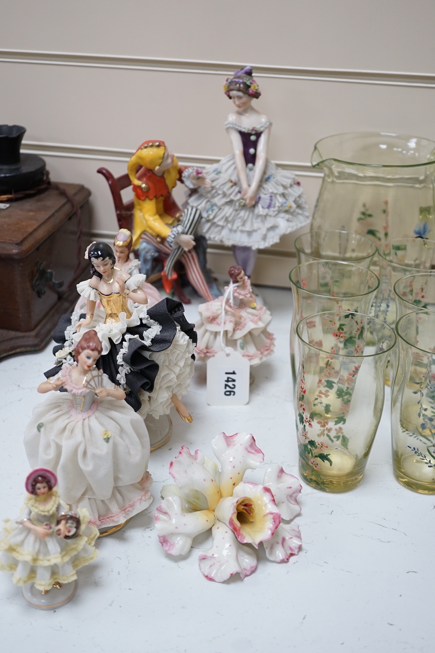 Six porcelain figures, a Murano labelled two handled dish and mixed glassware